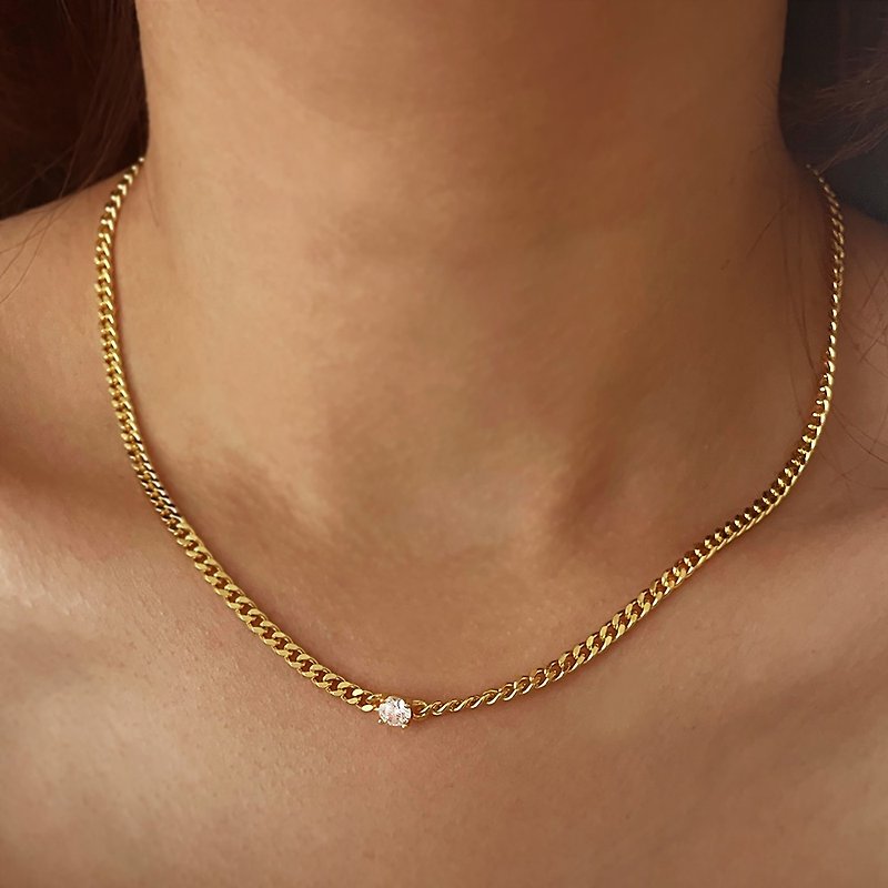 【CReAM】Charlotte European and American thick chain, bright diamonds and golden Cuban chain necklace - สร้อยคอ - โลหะ 