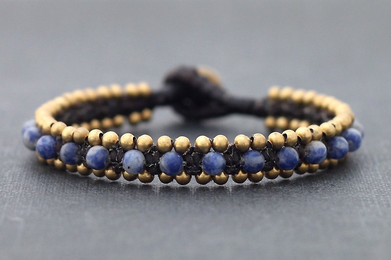 Sodalite Woven Stone Bracelets Brass Macrame Cuff Bangle - สร้อยข้อมือ - หิน สีน้ำเงิน