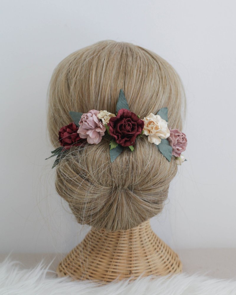 (Set 5 pcs.) BURGUNDY LOVE Flower Hair Pink Handmade Paper Flowers - Hair Accessories - Paper Red