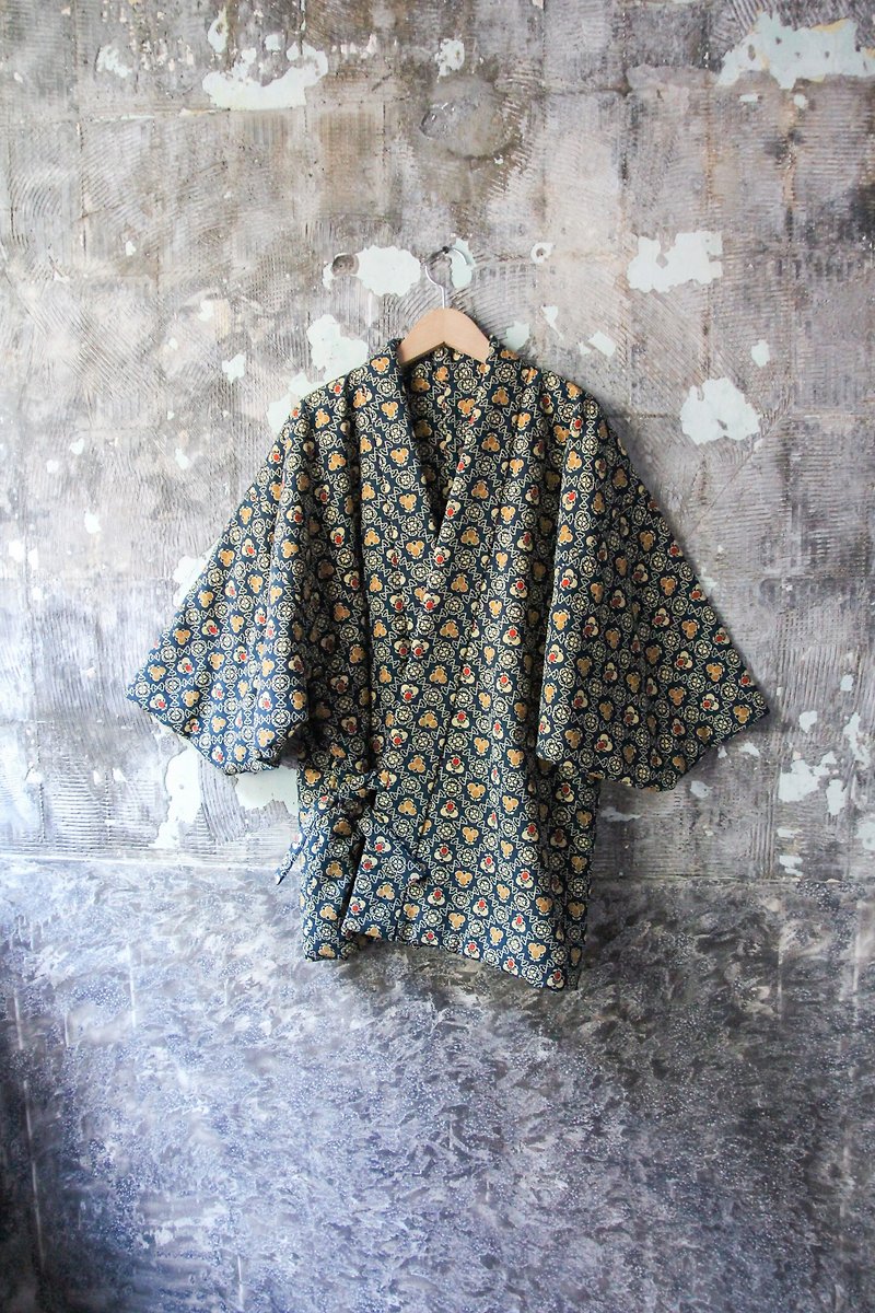 袅袅 Department store-Vintage Japanese style blue and yellow pattern half-wrap feather coat - Women's Casual & Functional Jackets - Other Materials 
