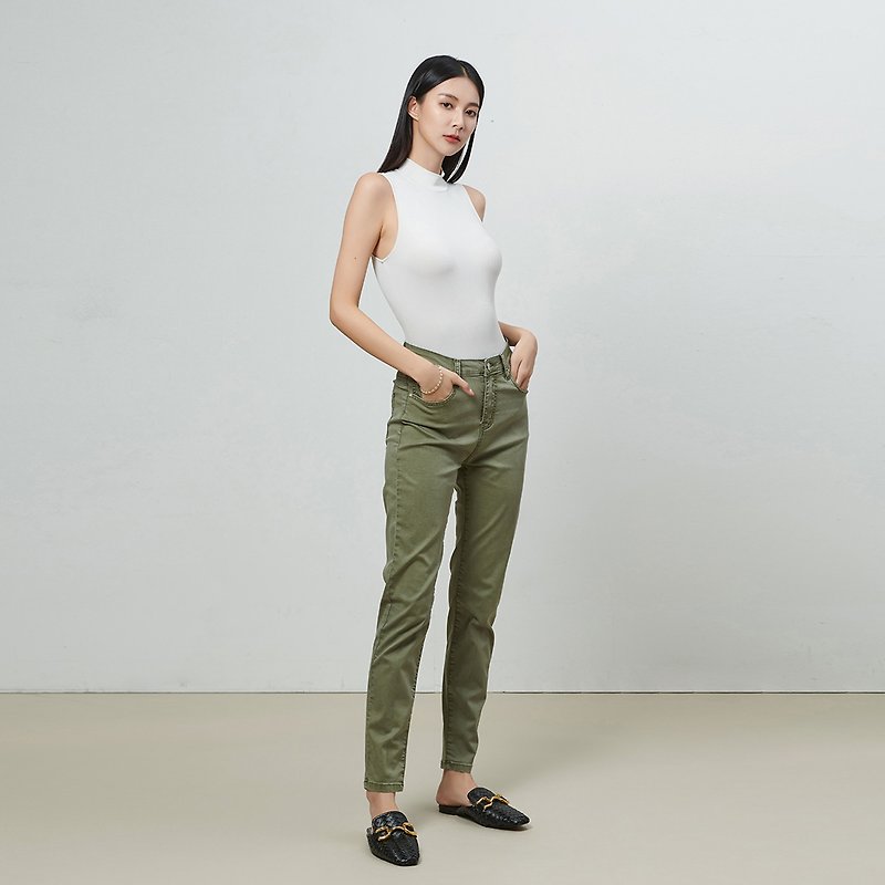 Army green stretch mid-high waist slim-fit pants - Women's Pants - Cotton & Hemp Green