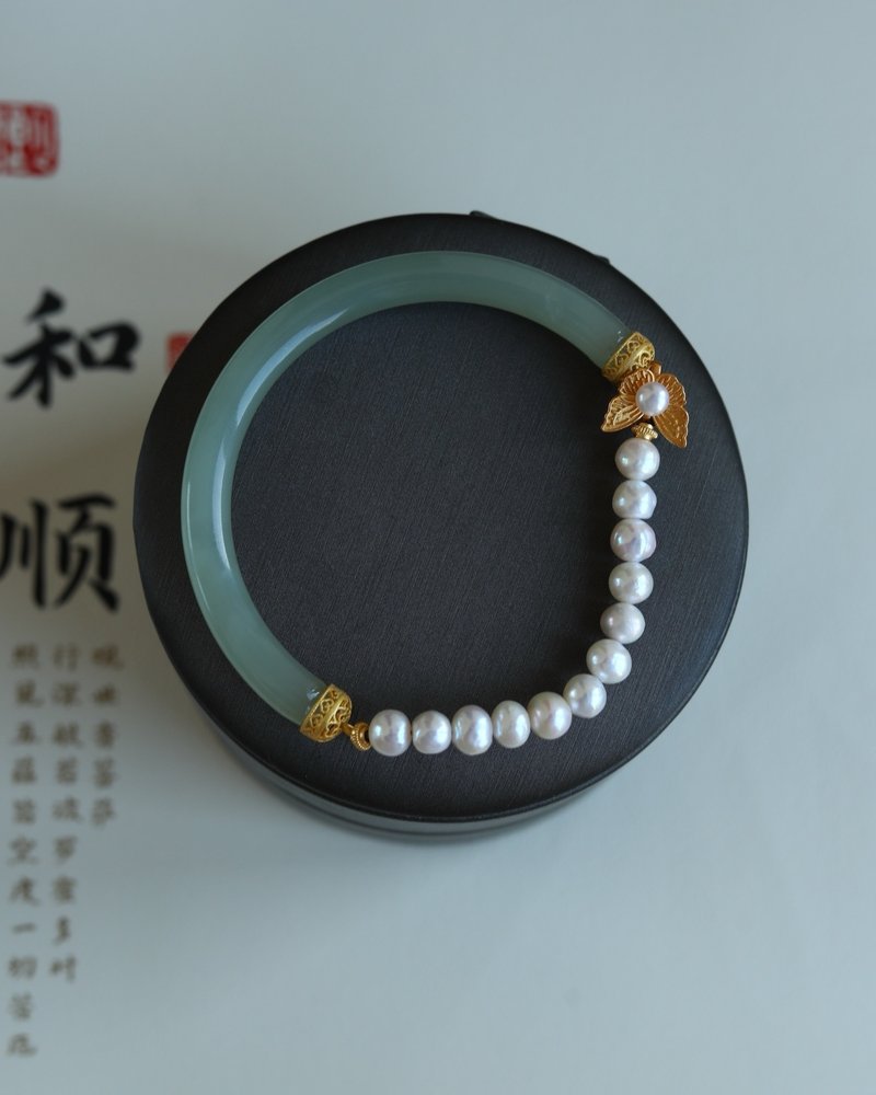 天然原礦和田玉 晴水圓骨半鐲 設計手環手鍊m - 手鍊/手環 - 木頭 咖啡色