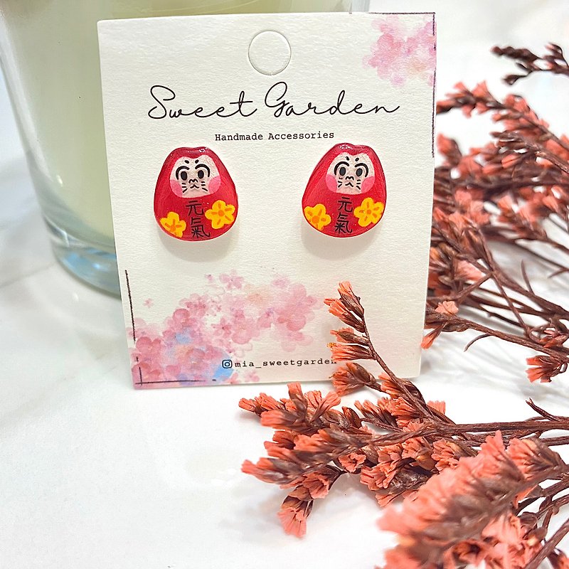 Japanese style! Hand-painted vitality Dharma ear acupuncture (one pair) - Earrings & Clip-ons - Plastic Red