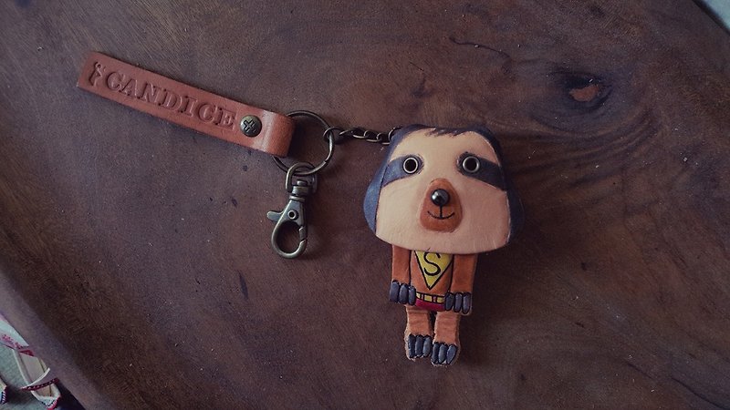 Cute Superman Sloth Cowhide Leather Keyring Lettering (Customer, Birthday Gift) - Keychains - Genuine Leather Brown