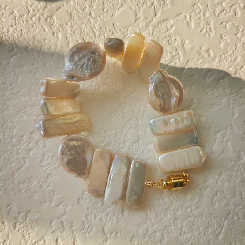 天然淡水巴洛克珍珠手環 方塊珍珠硬幣珍珠手環 美國14k注金手作 - 手鍊/手環 - 珍珠 白色