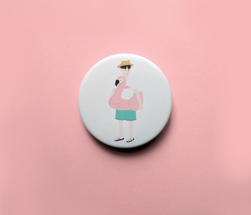 Boy with Flamingo Pool Float Badge - เข็มกลัด/พิน - พลาสติก สึชมพู