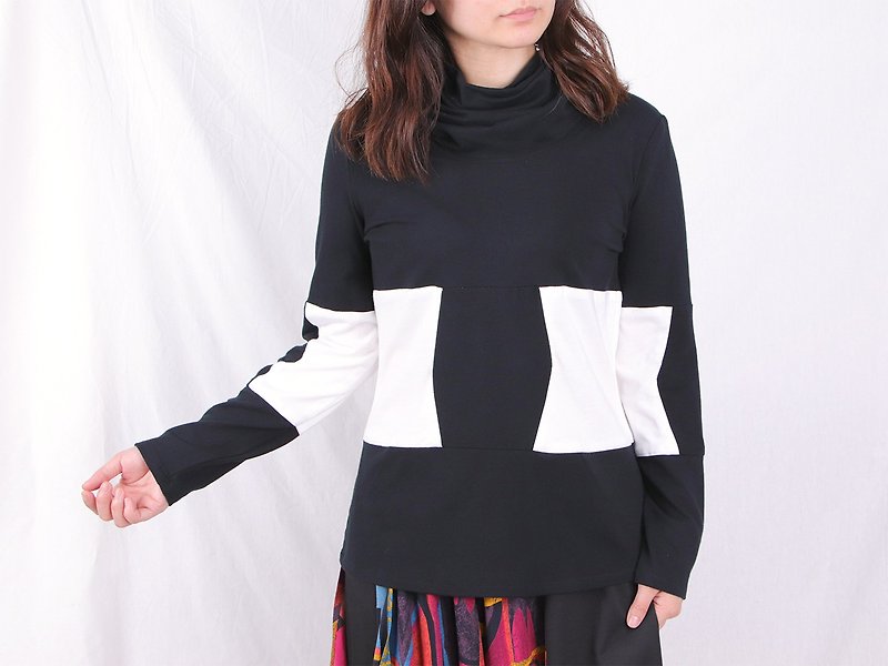 Double-layer turtleneck long-sleeved top / A1008 - เสื้อผู้หญิง - ผ้าฝ้าย/ผ้าลินิน สีดำ