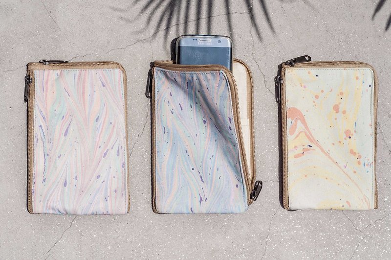 Handmade canvas marble pattern mobile phone case storage bag mobile phone bag leisure card case-ocean watercolor floating water dye - เคส/ซองมือถือ - ผ้าฝ้าย/ผ้าลินิน หลากหลายสี