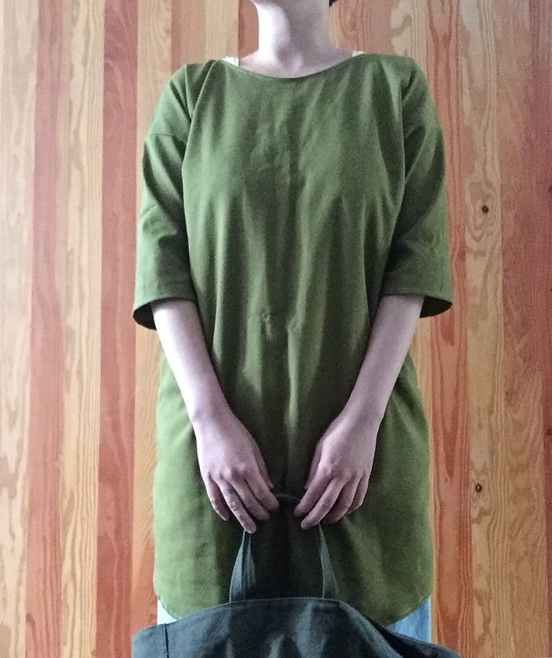 手工服 棉麻綠葉色六分袖口袋小袍子洋裝多色可選 - 連身裙 - 棉．麻 綠色