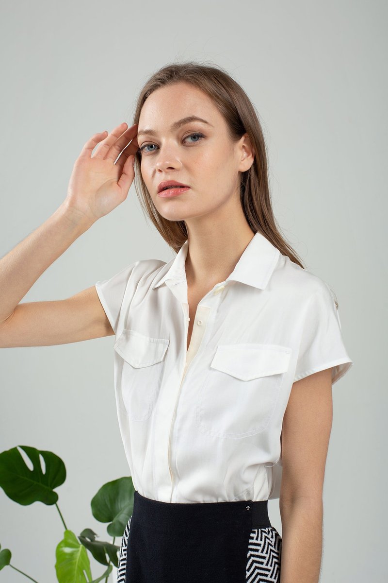 純天絲束腰口袋經典短袖襯衫 tencel - 白色 香港品牌 環保時尚 - 女襯衫 - 環保材質 白色