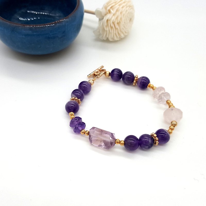 Girl Crystal World - Amethyst vs Pink Crystal Handmade Natural Crystal Bracelet - Bracelets - Gemstone Purple
