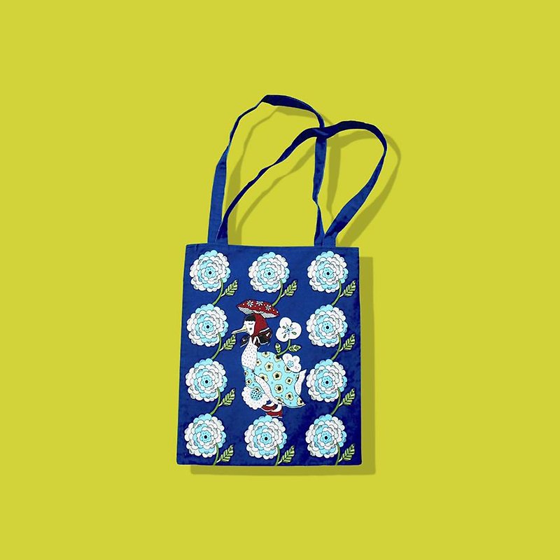 Flower and goose bag blue - กระเป๋าแมสเซนเจอร์ - ผ้าฝ้าย/ผ้าลินิน 
