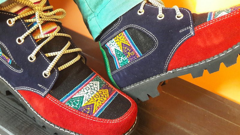Peruvian style short boots-red color dark blue - Men's Casual Shoes - Genuine Leather Multicolor