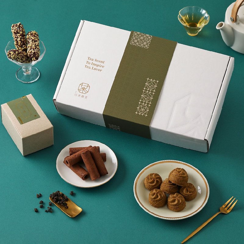 茶食禮盒|精裝茶葉搭配好茶點 - 蛋捲/餡餅/零食 - 紙 綠色