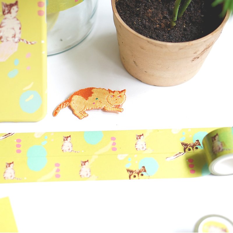 Yellow green tabby cat paper tape 3cm wide and 10m in length - Washi Tape - Paper Green