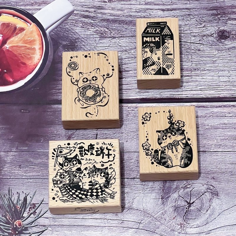 Donut cat stamp, cherry blossom cat stamp, cat milk stamp (three types of beech wood rubber stamps) - ตราปั๊ม/สแตมป์/หมึก - วัสดุอื่นๆ สีนำ้ตาล