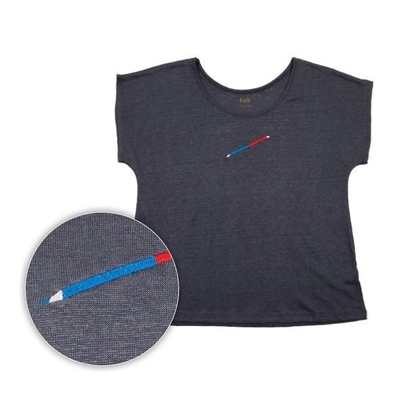 リネンのサラサラ生地使用。赤青鉛筆 Tシャツ　レディースフリー サイズ　Tcollector - T 恤 - 棉．麻 黑色