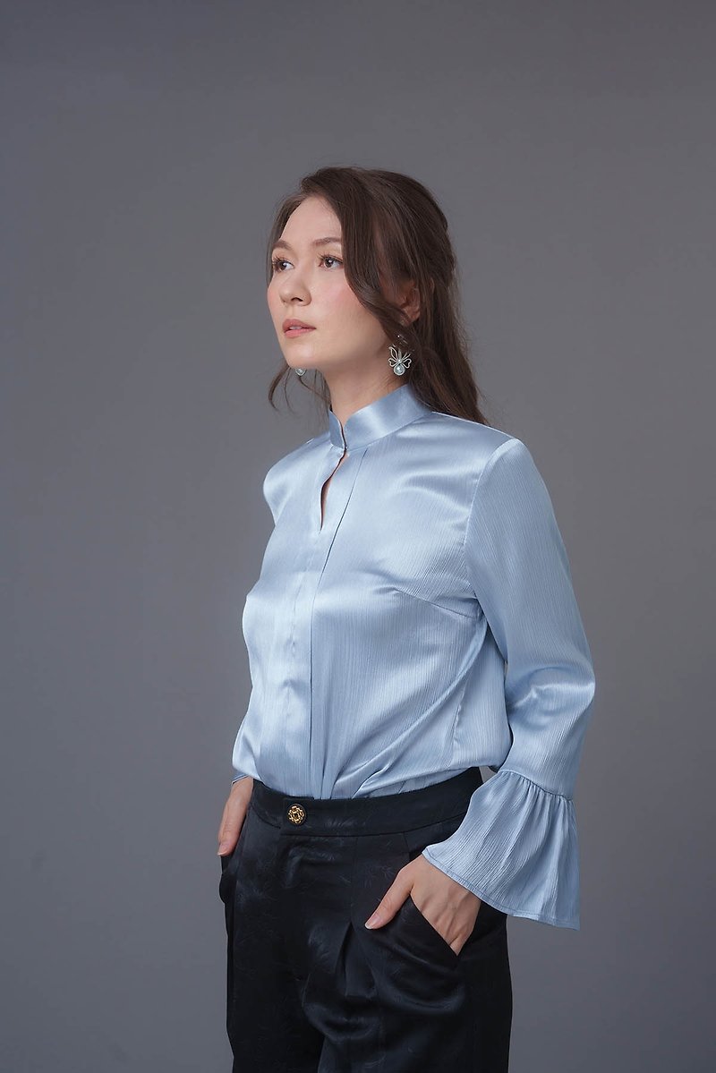 Flounce Sleeves Satin Mandarin Blouse (Light Blue) | Modern Qipao Blouse Top - เสื้อเชิ้ตผู้หญิง - วัสดุอื่นๆ สีน้ำเงิน
