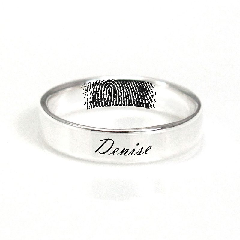 Custom Ring Hearts Fingerprint Series A (Men) 925 Silver Rings One (Engraved Fingerprint Only) - แหวนทั่วไป - เงินแท้ สีเงิน