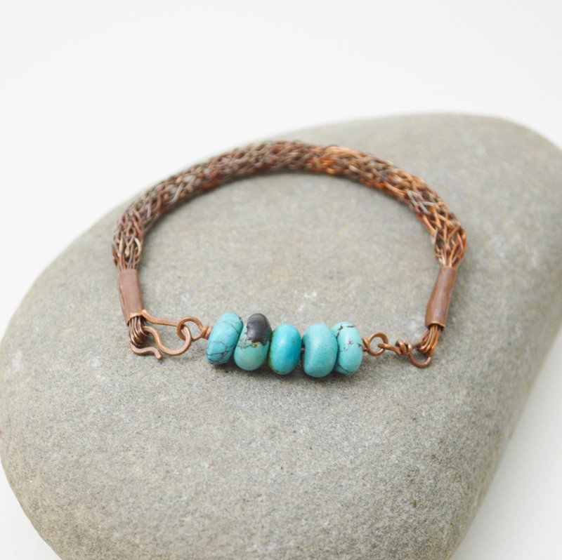 簡單系列-綠松石‧手工紅銅編織鍊手鍊 - 手鍊/手環 - 銅/黃銅 多色