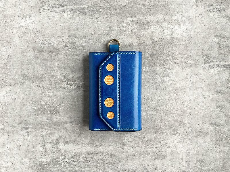 手工藍色真皮鑰匙包 免費客製化 - 鑰匙圈/鑰匙包 - 真皮 藍色