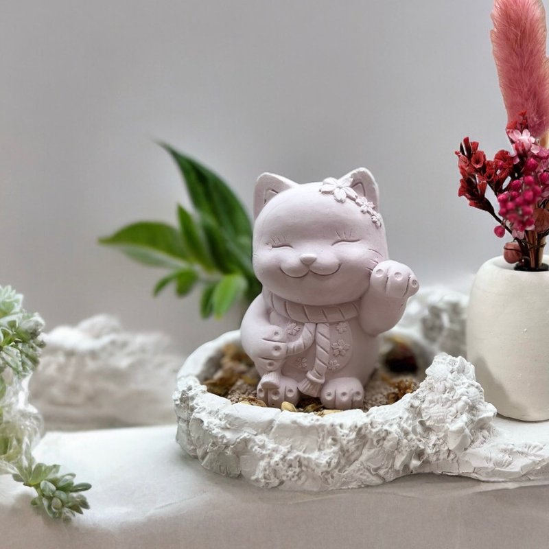 Flower-eared Lucky Cat Deluxe Pastoral Set Art Fragrance Expansion Shop Opening Gift First Choice Multiple Colors to Choose from - Stuffed Dolls & Figurines - Cement White