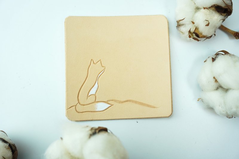 Little Fox Series Leather Hand Carved Coaster-Miss - Other - Genuine Leather Khaki