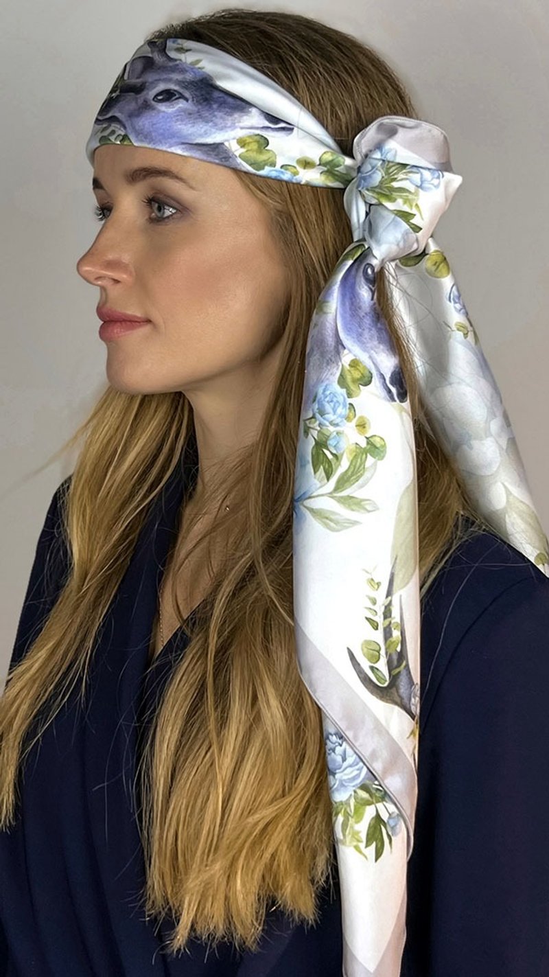 Girlfriend Soft Material Shawl Armani Silk White Floral Print Summer Accessory - Scarves - Silk Blue