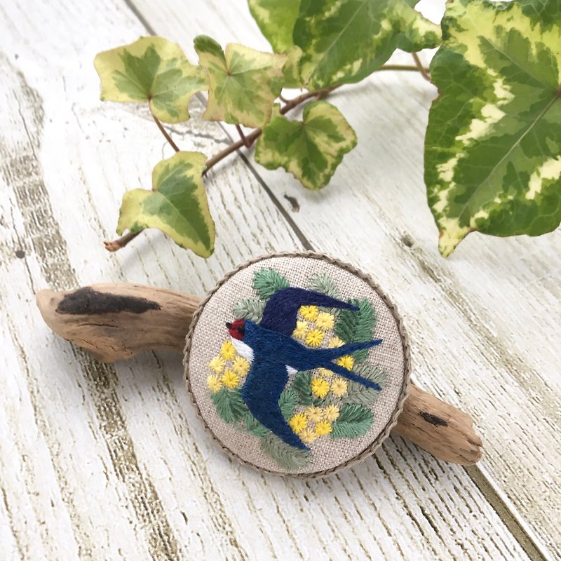 Thread Brooches Yellow - Swallow and mimosa hand embroidered brooch