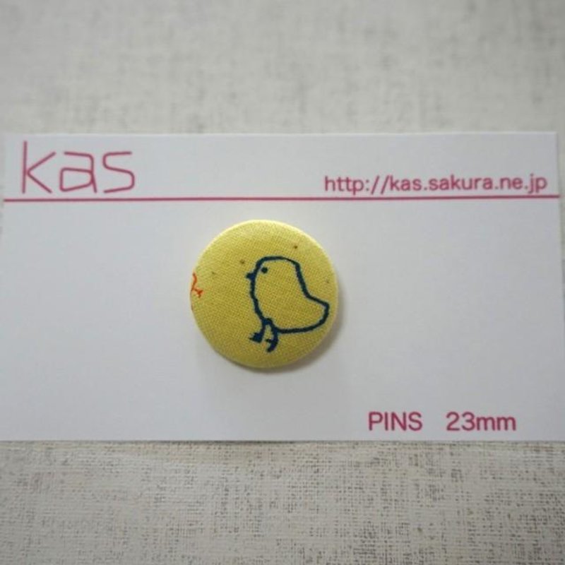 Hand printed original covered button pin badge"bird" - Brooches - Cotton & Hemp Yellow
