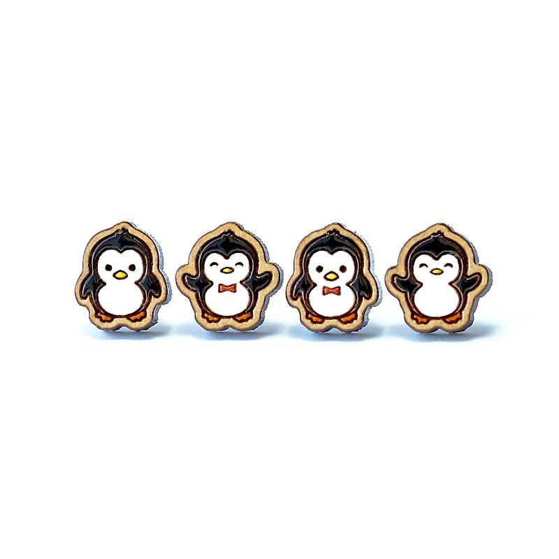 彩繪木耳環-小企鵝(四款隨機) - 耳環/耳夾 - 木頭 黑色