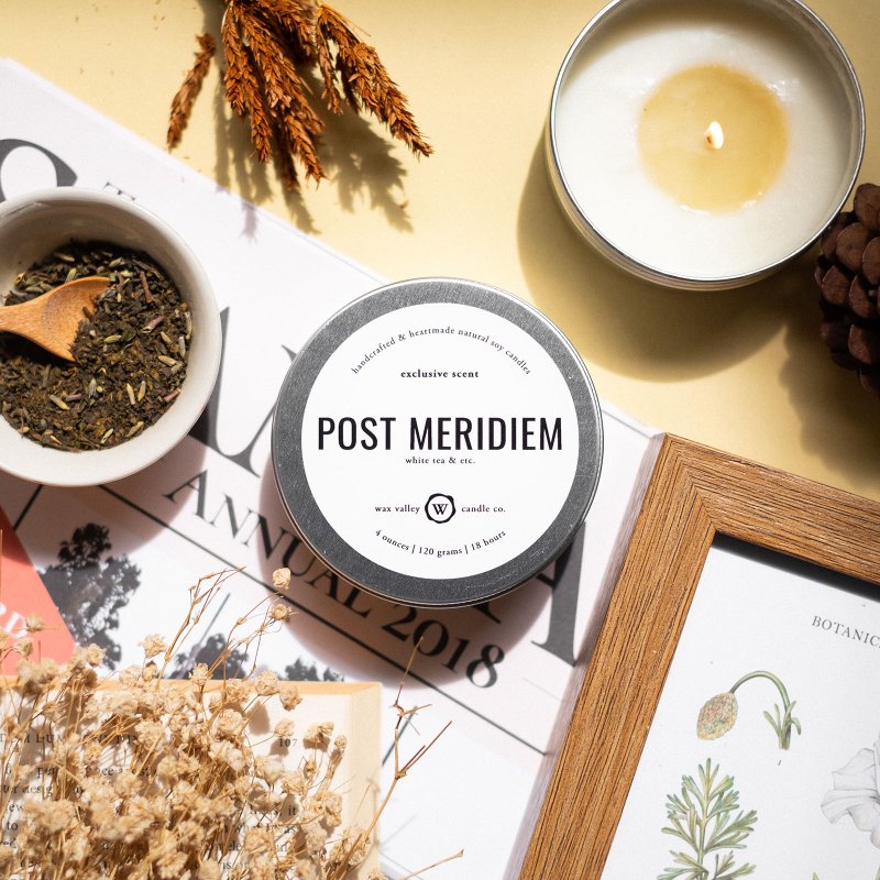 Soy Candle Post Meridiem Blend Travel Tin - White Tea, Jasmine & etc. - Candles & Candle Holders - Other Materials Silver