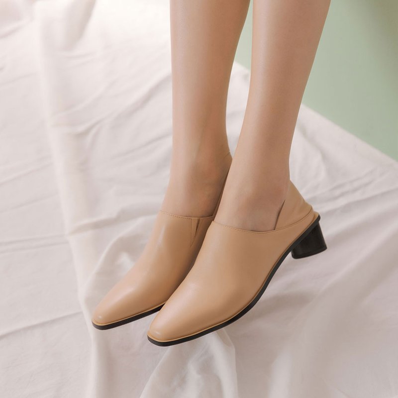 可後踩粗跟尖頭拖鞋-杏色 - 高踭鞋 - 真皮 橘色