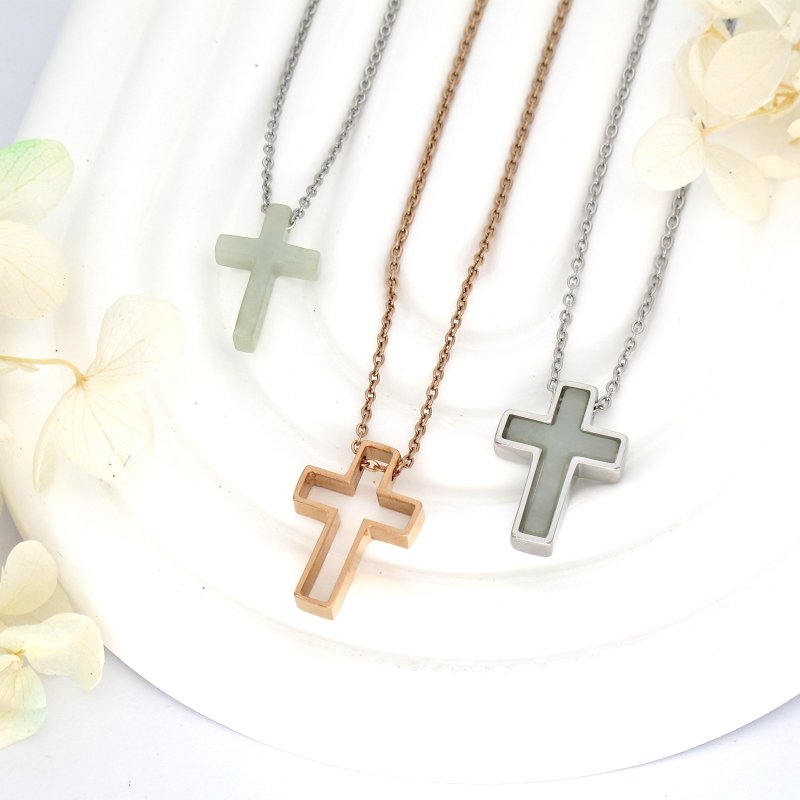 Natural Jade | Precious Jade Cross Necklace - Necklaces - Stainless Steel 