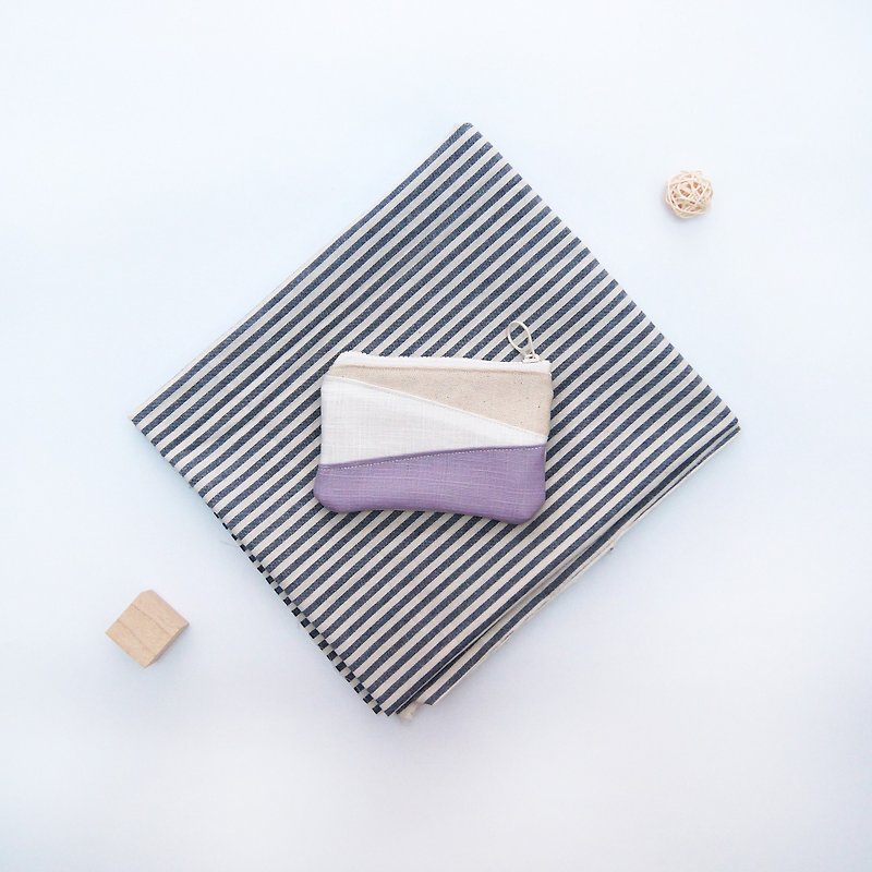 手作拼色票卡夾層零錢包-粉紫芋泥色 - 散紙包 - 棉．麻 紫色