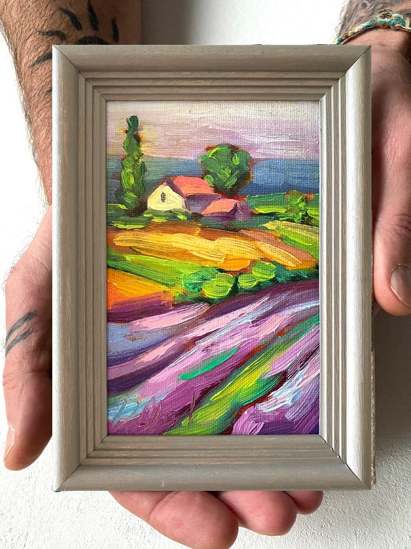 薰衣草田繪畫托斯卡納原創藝術風景油畫厚塗小幅藝術品 4x6 托斯 - 壁貼/牆壁裝飾 - 木頭 
