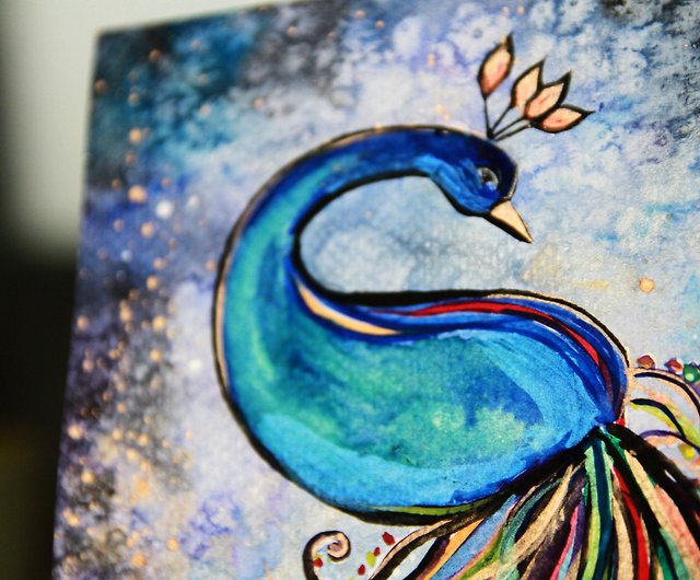 孔雀の絵オリジナル水彩鳥の壁アート孔雀の水彩画 - ショップ 