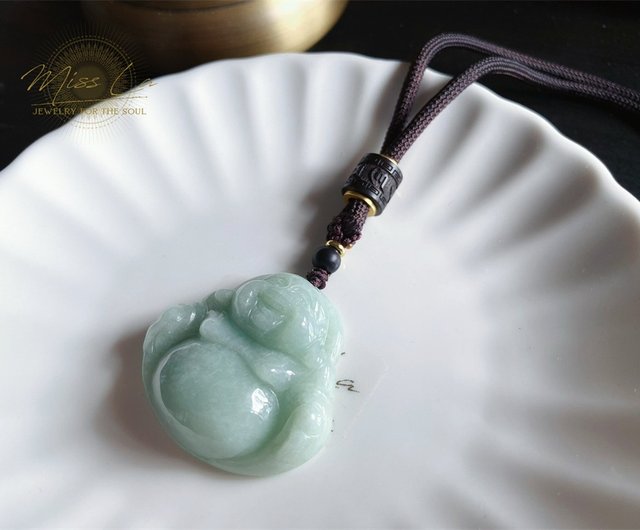 ビルマ翡翠彫刻「風生水起」八卦手編みネックレス{整理番号:AY158} 販売済み】天然ビルマ翡翠グリーン翡翠 仏陀 弥勒仏 ネックレス
