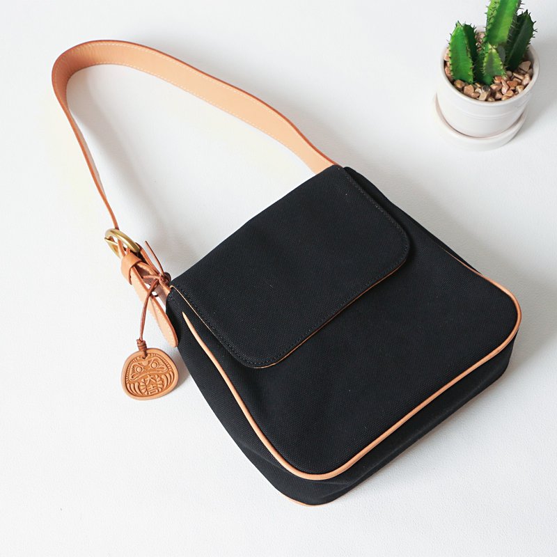 Lightweight tote bag, genuine leather and canvas, handbag, shoulder bag, casual bag - Messenger Bags & Sling Bags - Genuine Leather Black