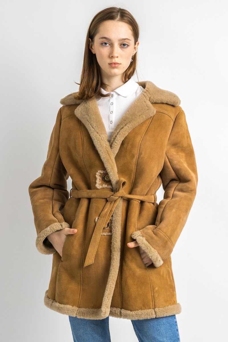 Women Sheepskin Coat 80s, Size M, Brown Suede Vintage Coat 5932 - 外套/大衣 - 真皮 咖啡色