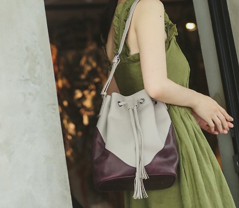 Arc cutting color matching tassel side back leather bucket bag apricot spell purple - Messenger Bags & Sling Bags - Genuine Leather Khaki