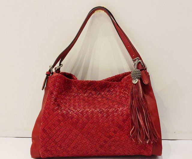 New Red shops Hand Woven Sheepskin Leather Shoulder Bag Hobo Bag