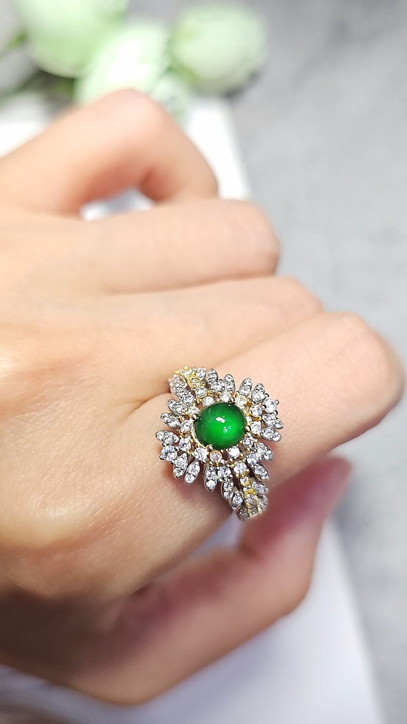 |Elegance|A-grade jade ice glass green firefly large egg surface 6.3mm sterling silver plated 18k luxury two-color ring - แหวนทั่วไป - หยก 