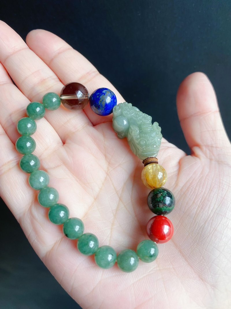 【售出】男女款 天然緬甸玉翡翠 開運 貔貅 招財 五行珠 禮物 設 - 手鍊/手環 - 玉石 綠色