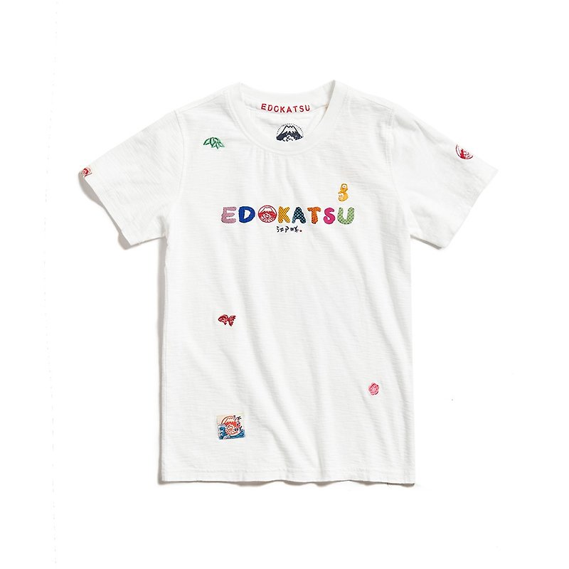 Edo Katsu Japanese style colorful LOGO short-sleeved T-shirt-women (off-white) #Top - เสื้อยืดผู้หญิง - ผ้าฝ้าย/ผ้าลินิน ขาว