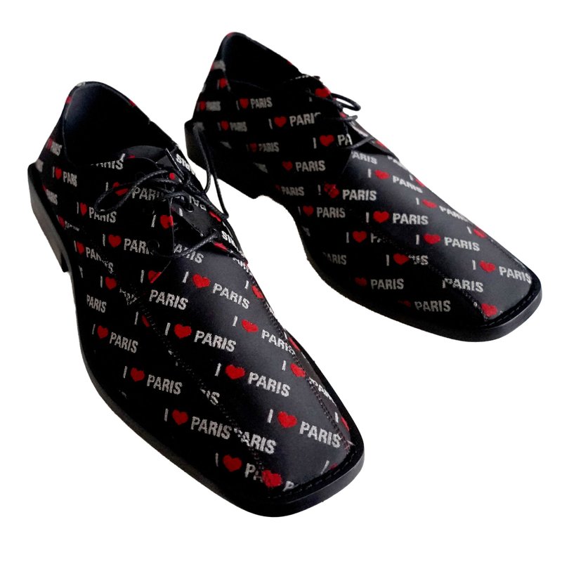 EU42 BALENCIAGA 黑色尼龍紅字提花 I LOVE PARIS 字皮鞋紳士鞋 - 男皮鞋 - 真皮 黑色