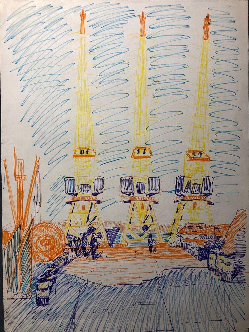 Cranes in the Port of Odessa, Original Artwork, Felt-tip pen on Paper, Wall Art - 壁貼/牆壁裝飾 - 紙 多色