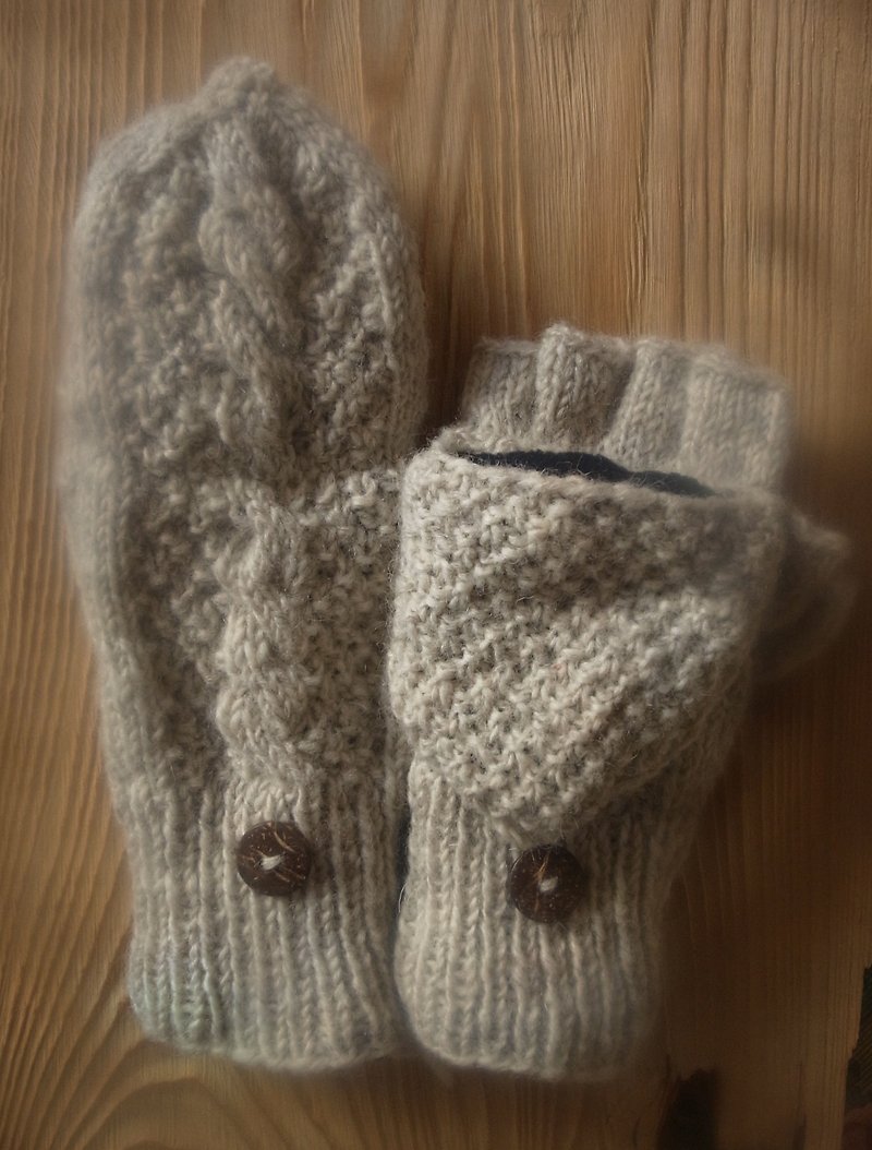 Handmade Wool Mittens, Convertible Mittens, Fingerless Mittens, Wool Gloves - ถุงมือ - ขนแกะ ขาว