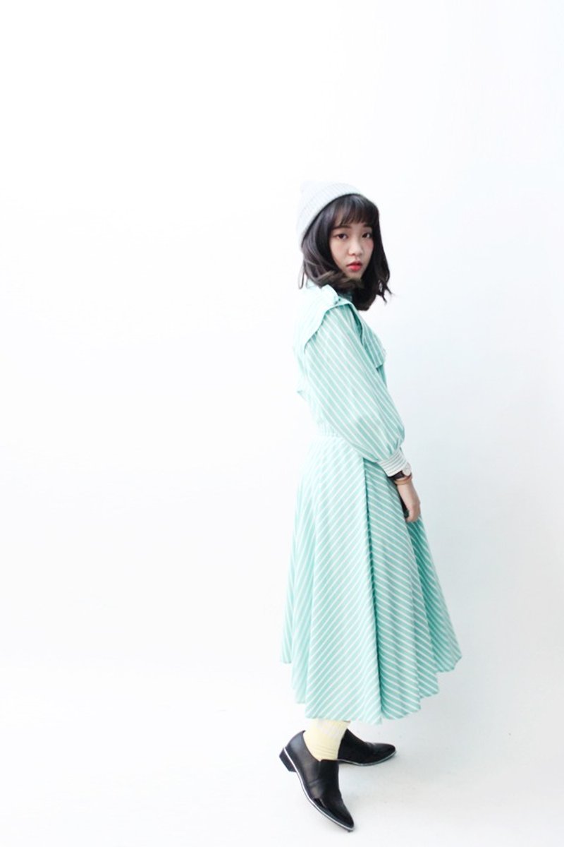 [RE0406D666] US Air mint green vintage striped cotton dress - ชุดเดรส - วัสดุอื่นๆ สีเขียว