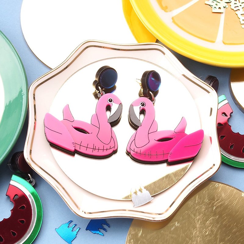 Flamingo Float Earrings - ต่างหู - อะคริลิค สึชมพู